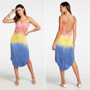 Chaser Tie-dye Silky Basics V-neck Cross Back Midi Dress in Prism Dye